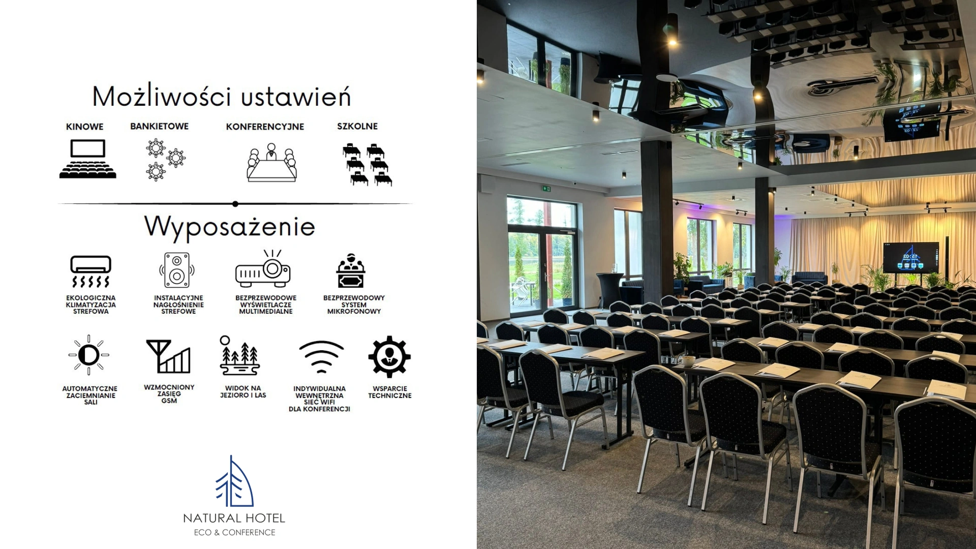 Wyposażenie i możliwości ustawień sal konferencyjnych w Natural Hotel